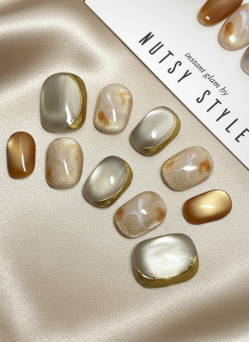 No. 7 – Golden Veil Marble (Extra Short Squoval)